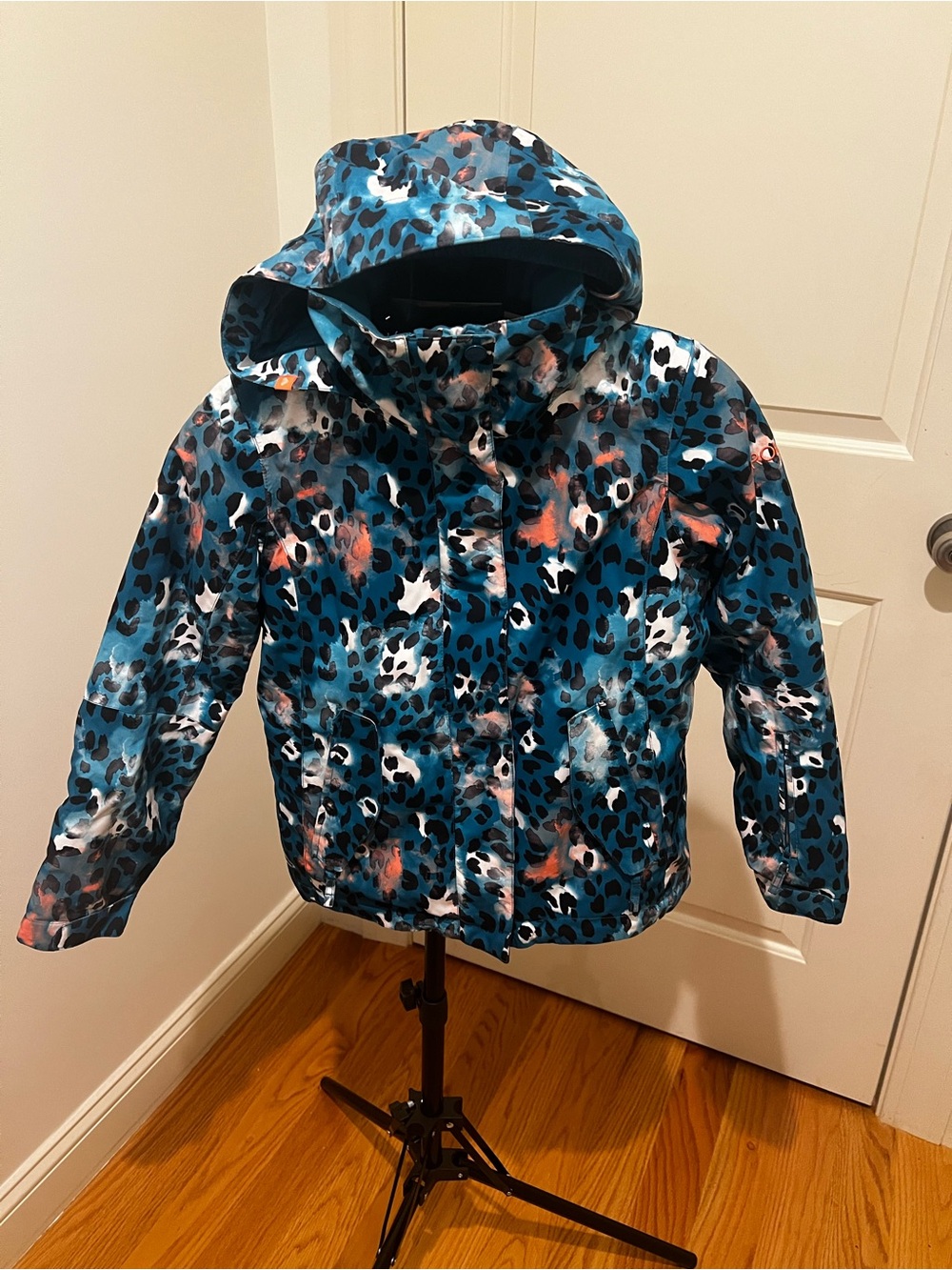 Roxy Teal Blue and Black Leopard-Print Hooded Kids Raincoat